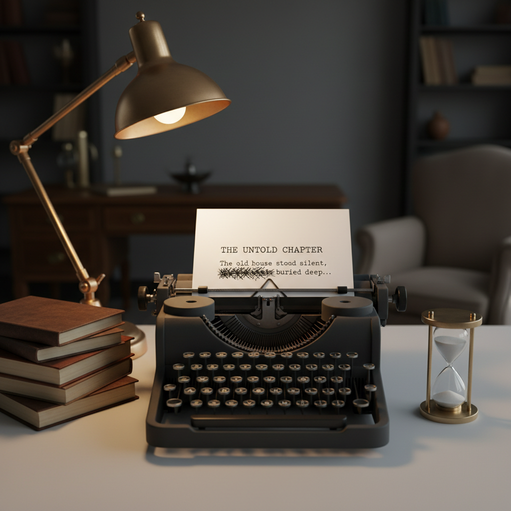 A vintage typewriter in deep charcoal metal sits grounded at the center of an uncluttered writing nook, its round keys slightly polished from years of use. A single sheet of crisp white paper is rolled into the carriage, bearing only a title and a dramatically scratched-out opening line. Surrounding the typewriter are neatly stacked notebooks, a brass desk lamp, and a small hourglass mid-flow. The lamp casts warm, focused light onto the keys while the rest of the room recedes into soft shadow. Photographic realism, shot from a low, cinematic angle with moderate depth of field, creating a sophisticated, almost theatrical sense of tension and possibility.