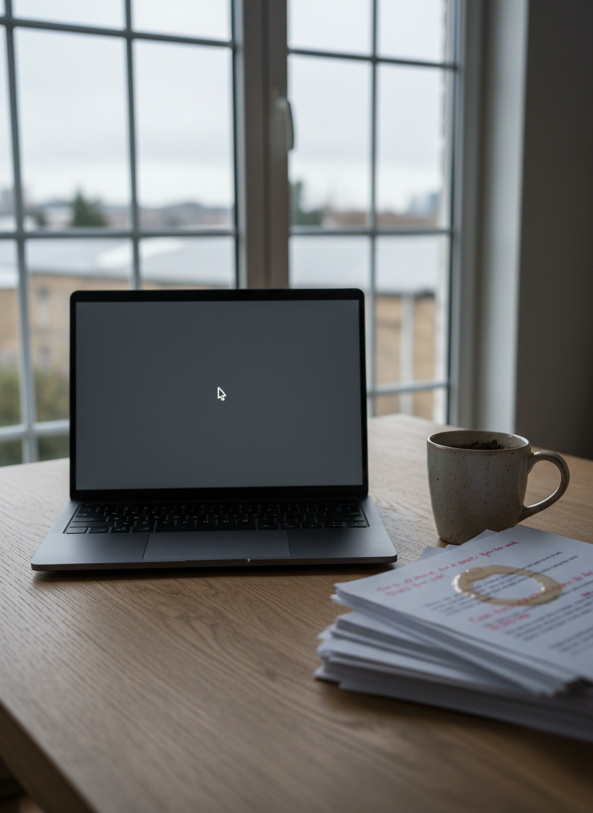 A sleek, matte-black laptop sits slightly off-center on a large oak table, its screen displaying a stark, blinking text cursor on an otherwise empty document. Beside it, a ceramic mug with cooling tea leaves a faint ring on a stack of printed manuscript pages marked with red pen. Through a nearby window, soft overcast daylight filters in, giving the scene a cool, diffused glow. Photographic realism, captured from a slightly elevated angle using the rule of thirds, with a gentle bokeh effect on the background of blurred city rooftops, evoking a quiet, thoughtful atmosphere of a writer pausing between thoughts.