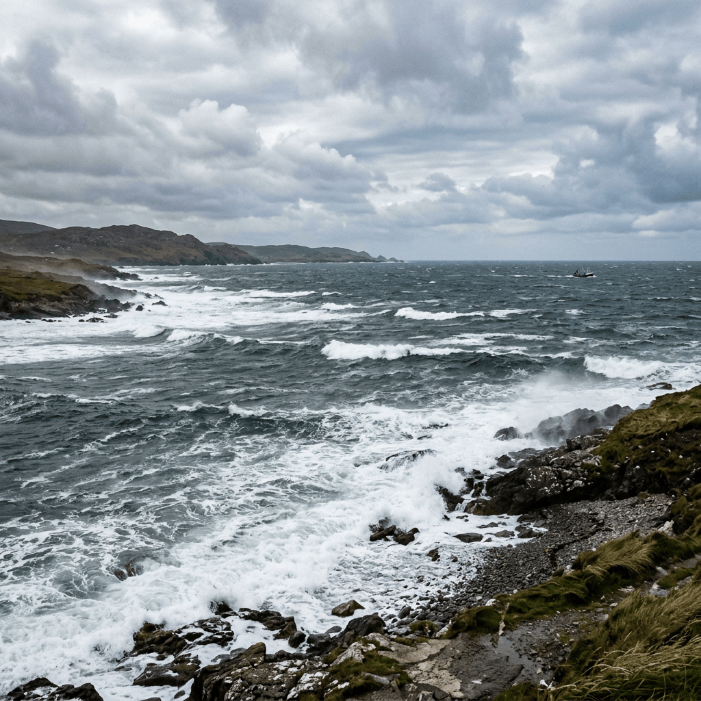 Rugged coastline with crashing waves beneath dark storm clouds